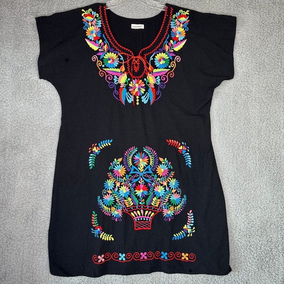 Black Embroidered Dress Mexican Style Colorful Floral YZXDORWJ XXL Cotton - Picture 1 of 7